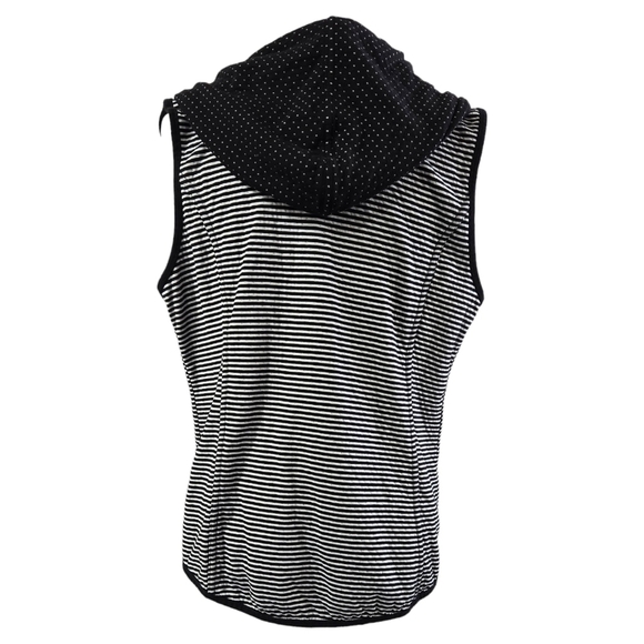 Chico's Weekends Black White Reversible Polka Dot Stripe Hooded Vest Pockets - Picture 4 of 11